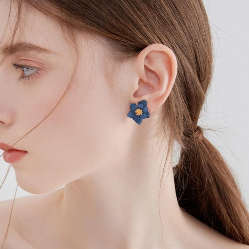 Boho Flower Stud Earrings for Women Royal Blue. - Picture 2 of 4